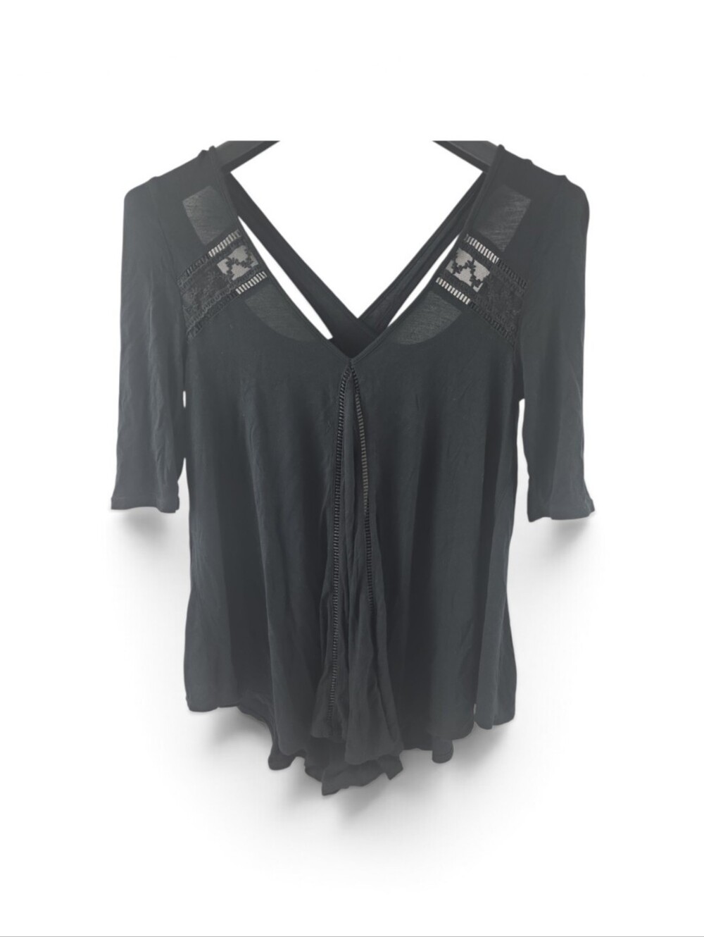 Free People Women's Black V-Neck Lace-Trim  Flowy Boho Cross Back Cutout Top Sm